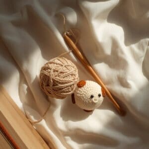 Flat-lay of cream yarn, a wooden crochet hook, and a small crocheted critter with terracotta ears beside a kraft box on cream linen