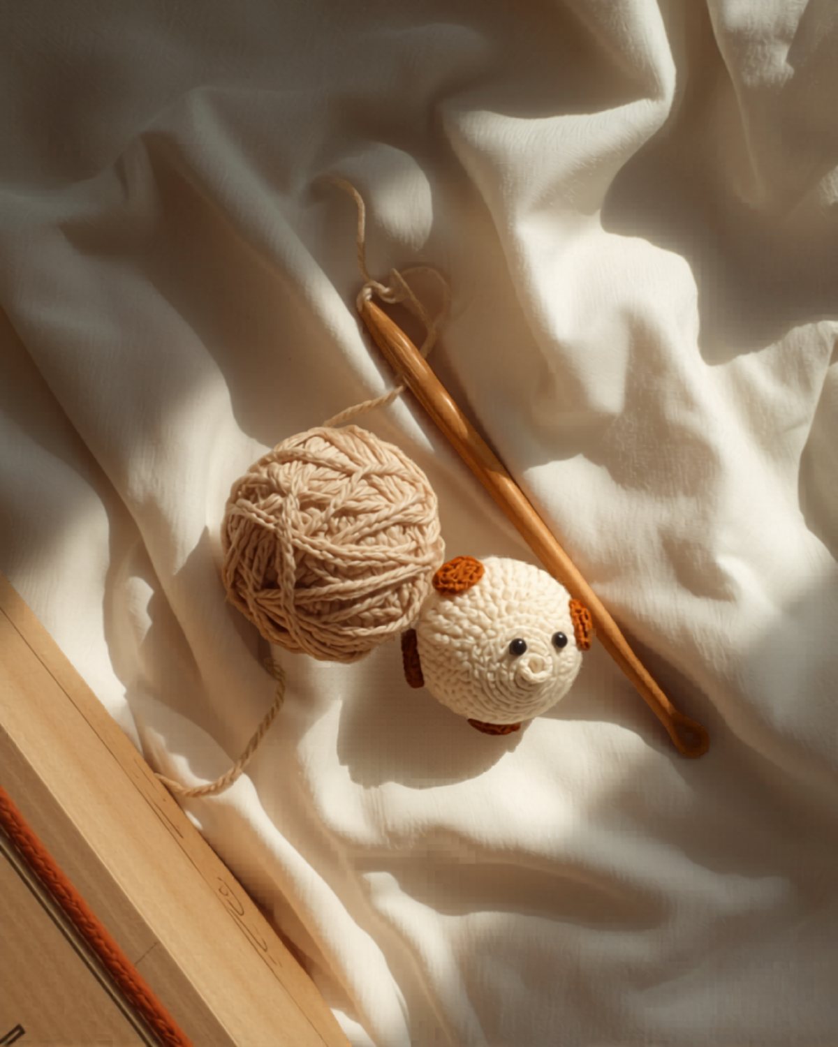 Flat-lay of cream yarn, a wooden crochet hook, and a small crocheted critter with terracotta ears beside a kraft box on cream linen