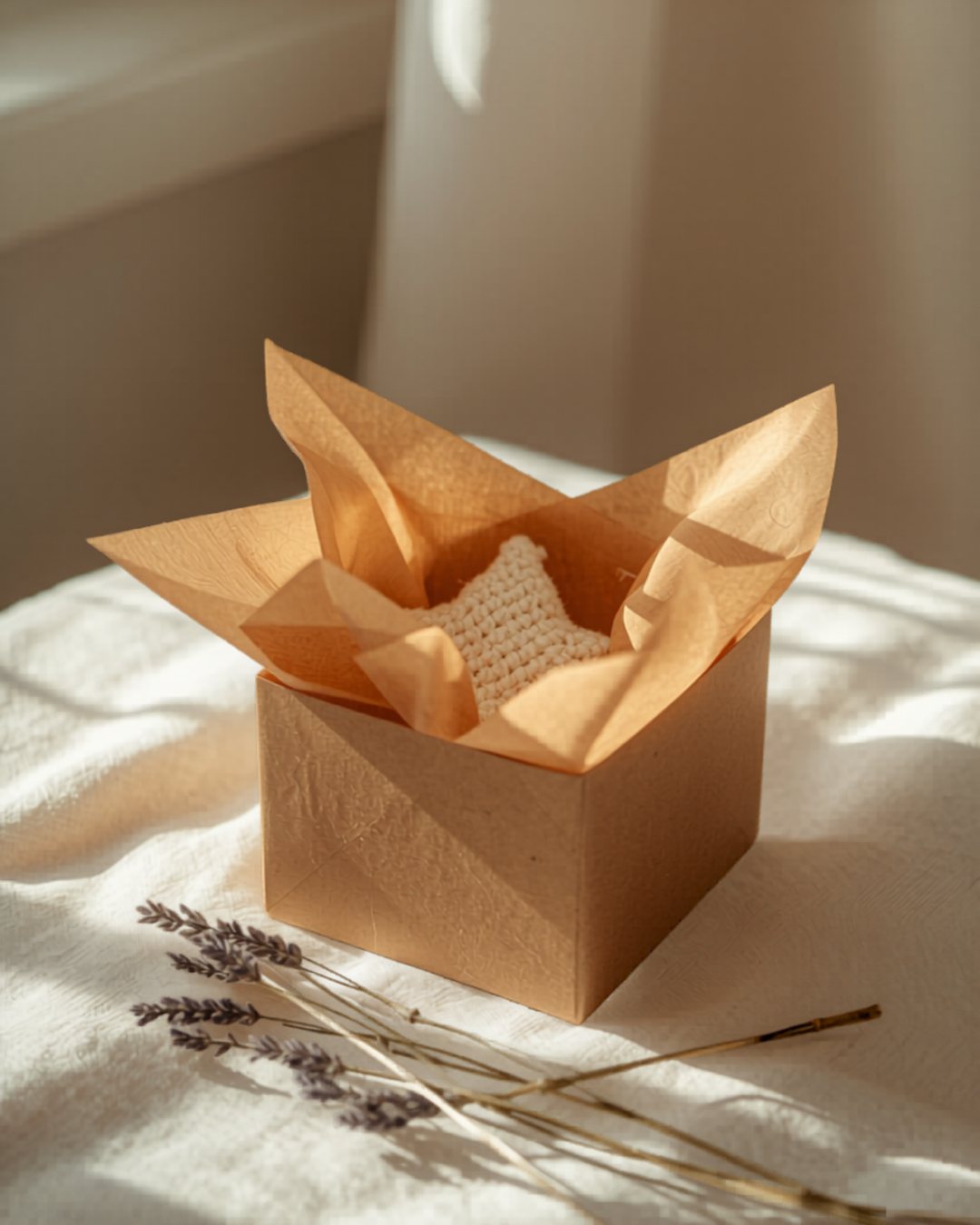 A kraft gift box with terracotta tissue paper, a knitted star and dried lavender on cream linen
