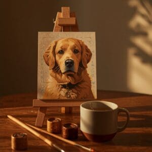 Partially painted paint-by-number canvas of a golden retriever on a wooden easel with brushes and paint pots in soft evening light