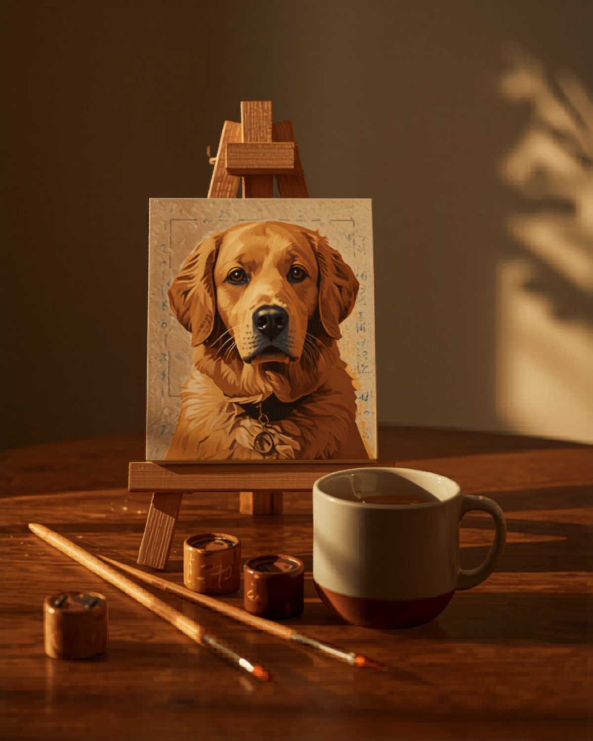 A partially painted paint-by-number canvas of a golden retriever on a wooden easel with brushes and paint pots in soft evening light