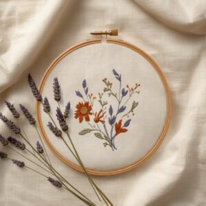 Wooden embroidery hoop with stitched terracotta and sage botanical flowers beside dried lavender on cream linen