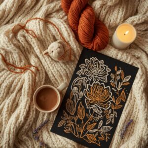 Cozy evening flat-lay with terracotta yarn, a small crochet critter, a botanical poster, cocoa, a candle, and lavender on a cream knit blanket