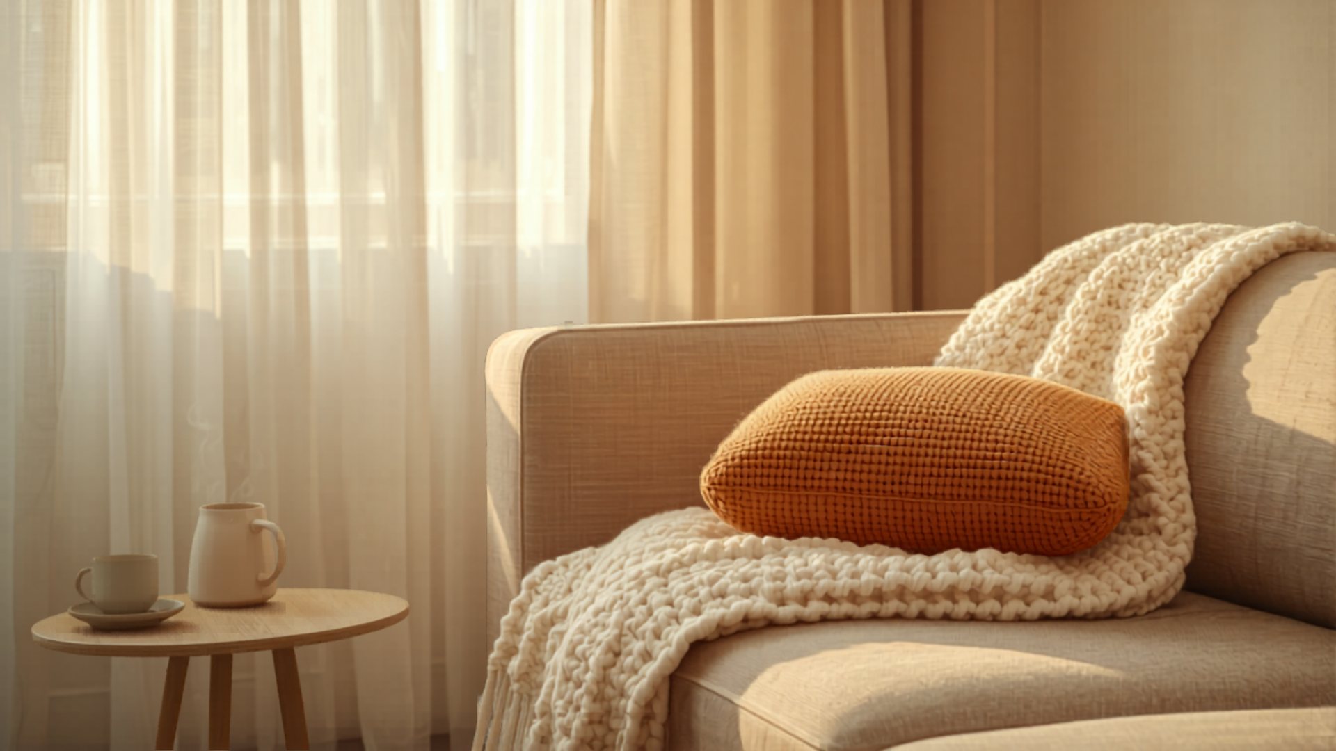 A cream chunky-knit blanket and terracotta cushion on a sofa in soft morning light