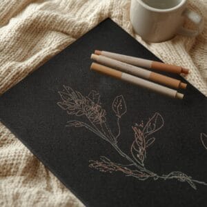 Black velvet poster with terracotta botanical line art on a cream knit blanket with felt-tip markers and a white mug