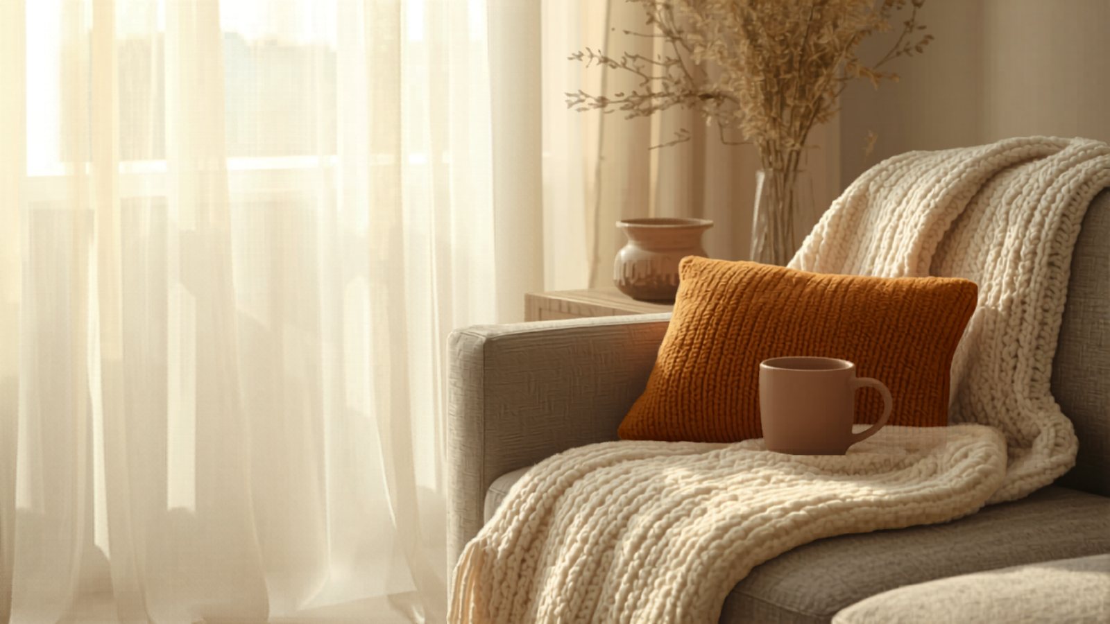 A rust-colored knit pillow and cream blanket on an armchair beside sheer curtains