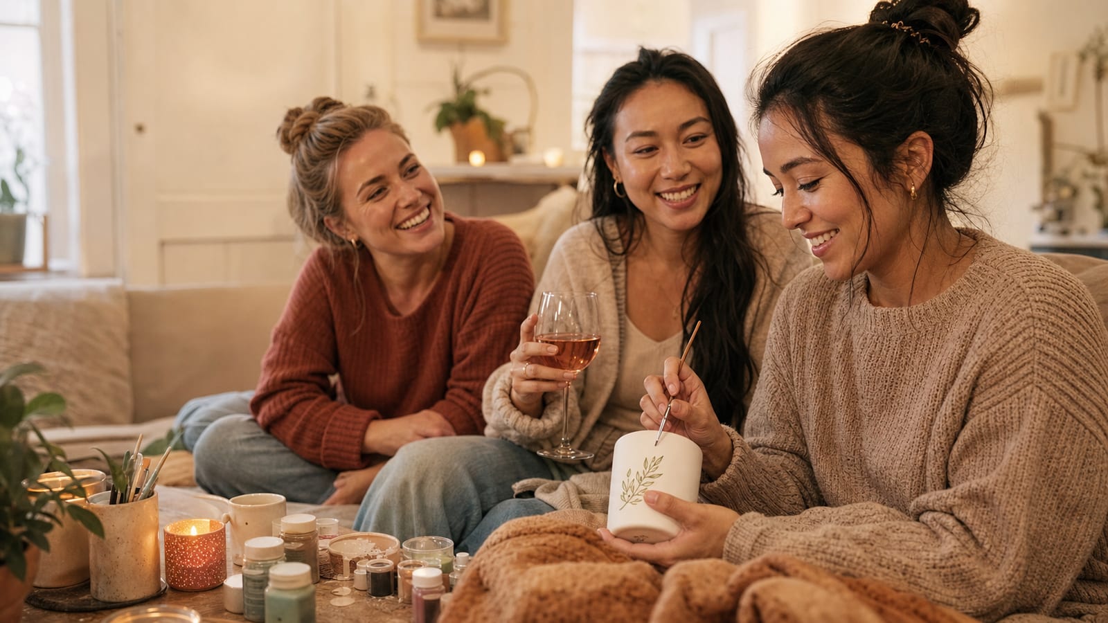 Three friends enjoying a girls night with wine, one hand-painting a botanical ceramic mug